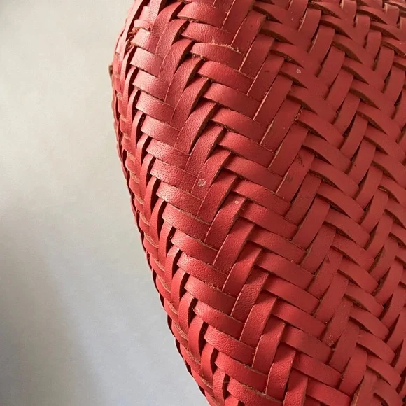 Anthropologie Woven Leather Market Bag Coral Pink Basket Tote Boho - Picture 8 of 10